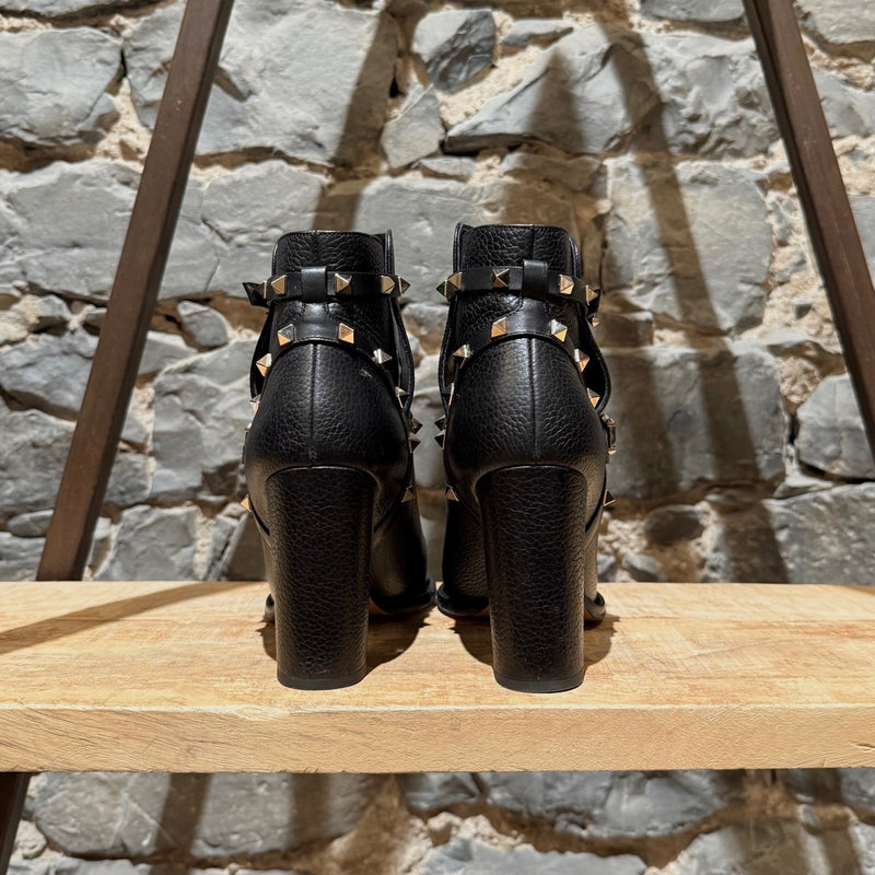 Back view of Valentino Black Grained  Leather Rockstud Heeled Ankle Boots