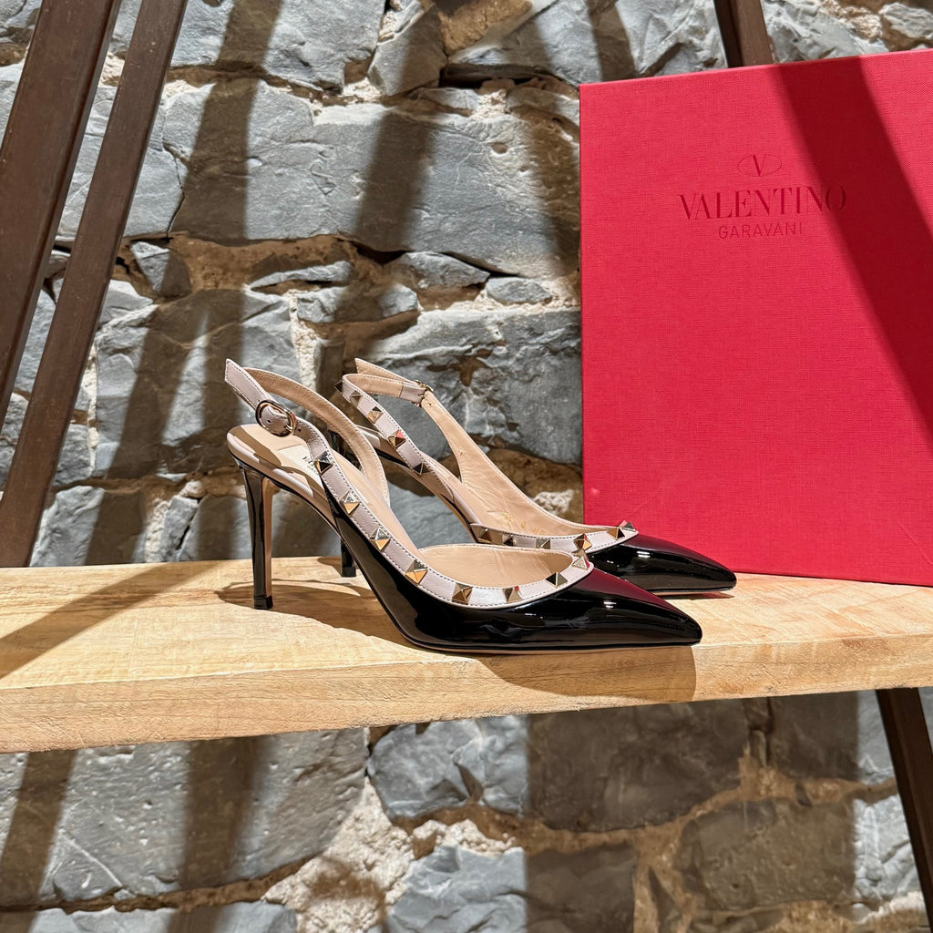 Main photo of Valentino Black Patent Leather Rockstud Slingback Pumps