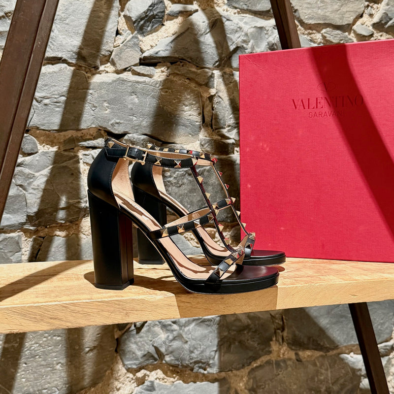 Main photo of Valentino Black Smooth Leather Rockstud Block Heel Sandals