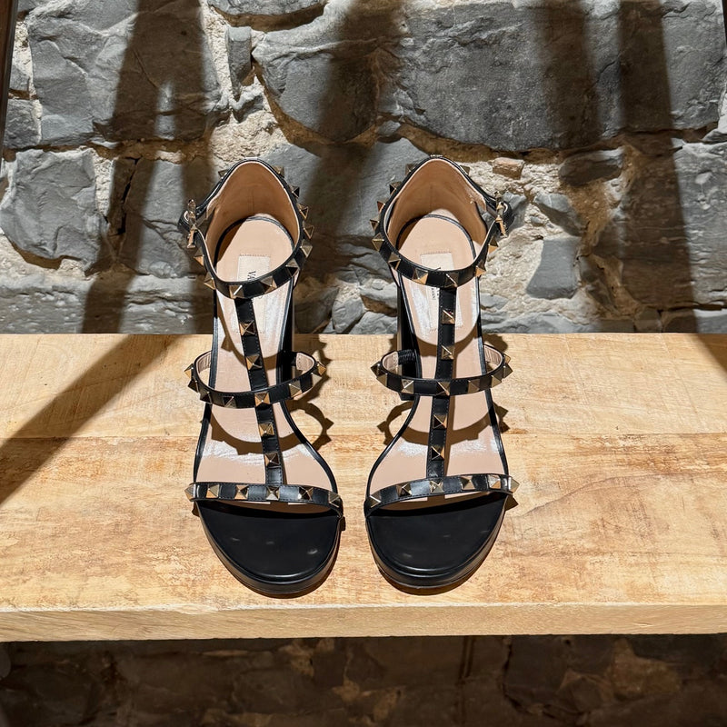 Top view of Valentino Black Smooth Leather Rockstud Block Heel Sandals