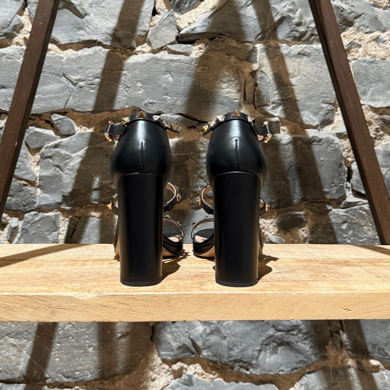 Back view of Valentino Black Smooth Leather Rockstud Block Heel Sandals