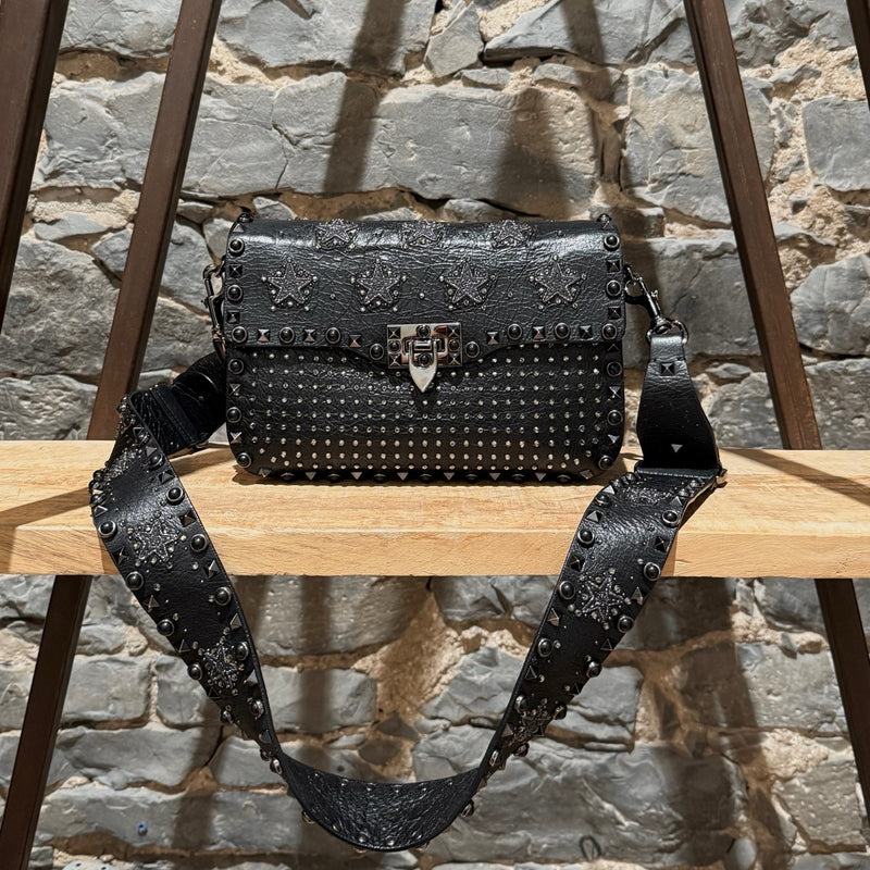 Valentino Black Star Crystal Rolling Rockstud Shoulder Bag
