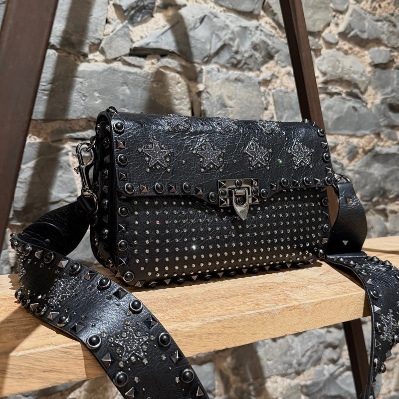 Valentino Black Star Crystal Rolling Rockstud Shoulder Bag