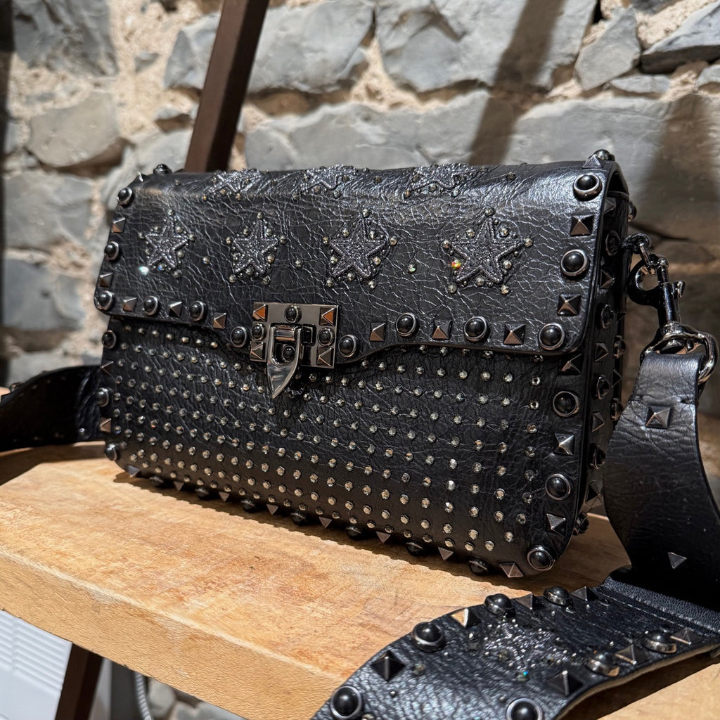 Valentino Black Star Crystal Rolling Rockstud Shoulder Bag