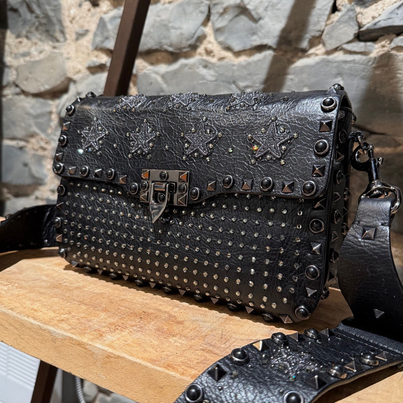 Valentino Black Star Crystal Rolling Rockstud Shoulder Bag