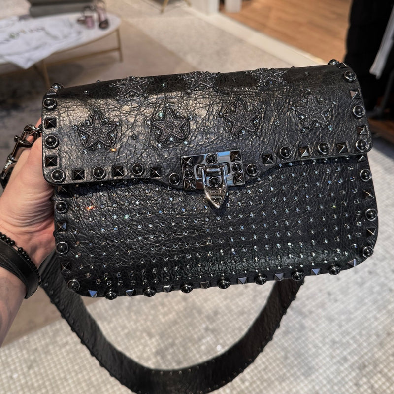 Valentino Black Star Crystal Rolling Rockstud Shoulder Bag