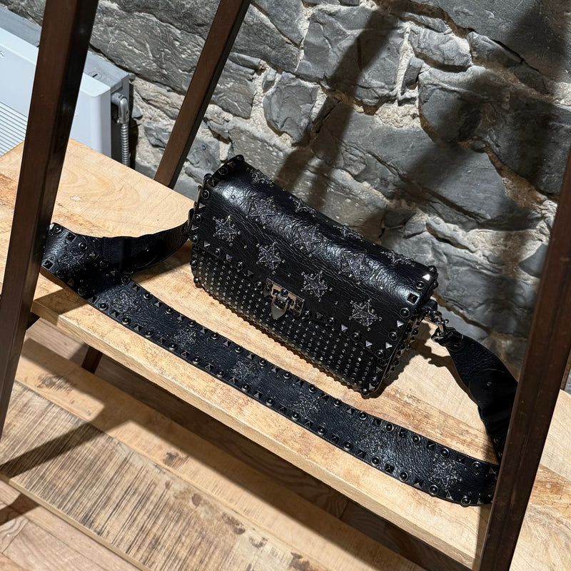 Valentino Black Star Crystal Rolling Rockstud Shoulder Bag