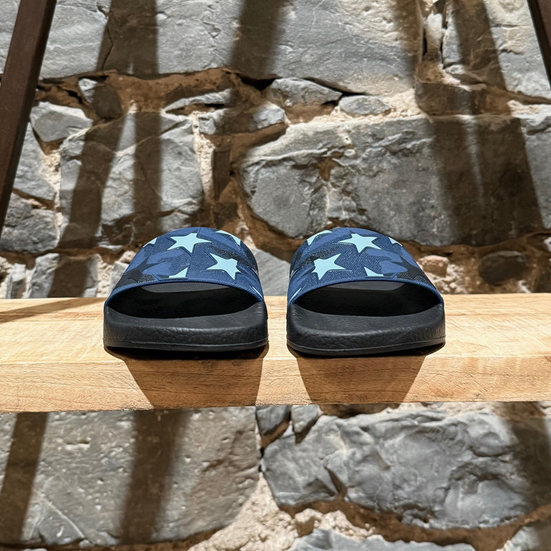 Front of Valentino Blue Camo Star Rubber Slides