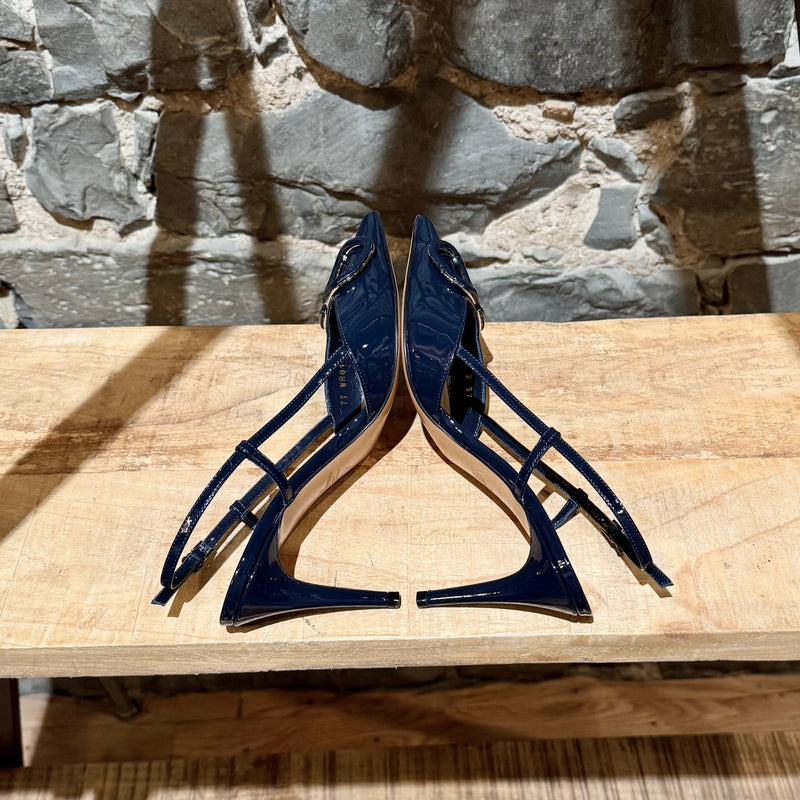 Side-by-side view of Valentino Navy Blue Patent Vlogo Slingback Pumps