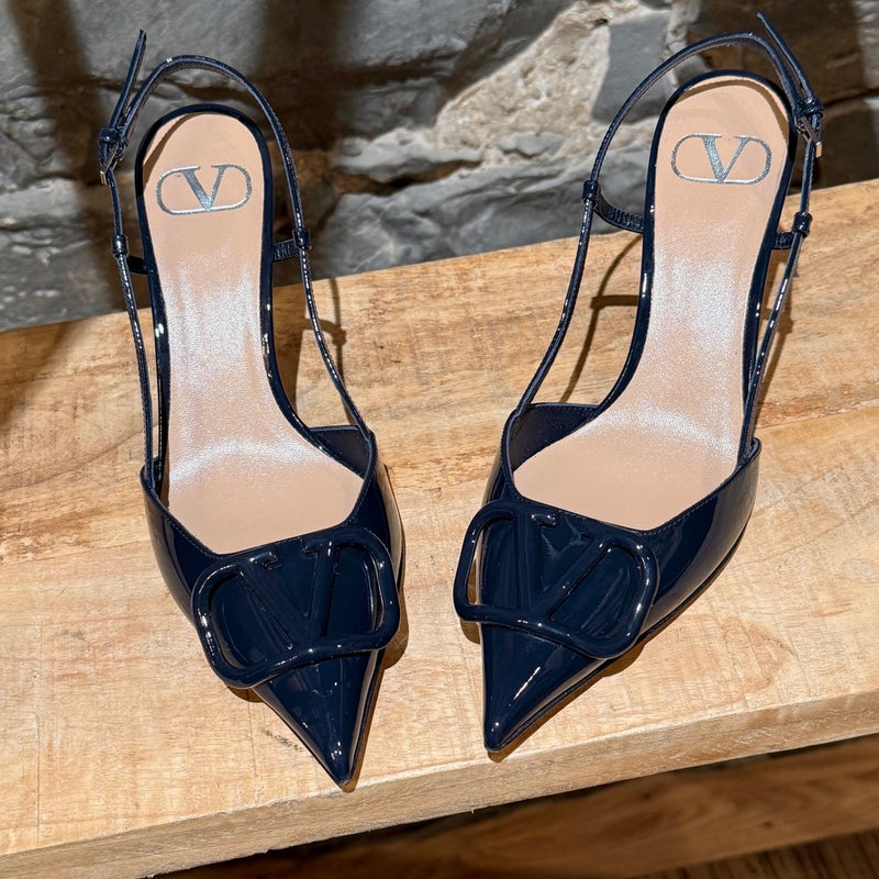 Top view of Valentino Navy Blue Patent Vlogo Slingback Pumps