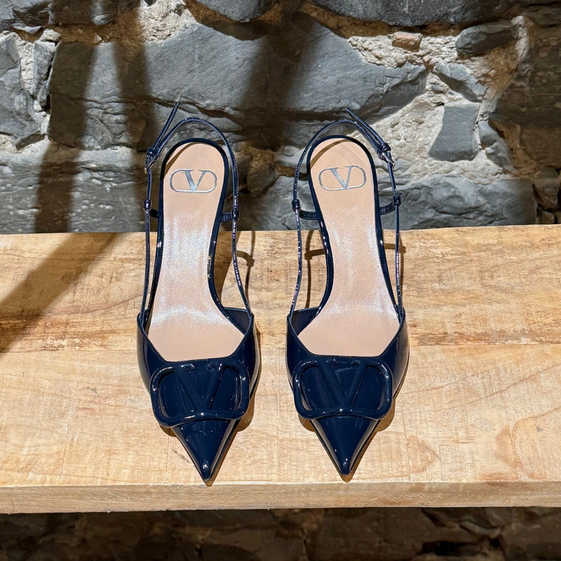 Top view of Valentino Navy Blue Patent Vlogo Slingback Pumps 