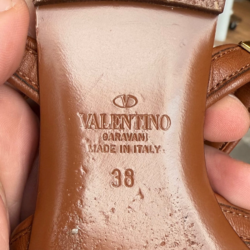 Stamps of Valentino Brown Leather Gold Studded No Limit Gladiator Flat Sandals