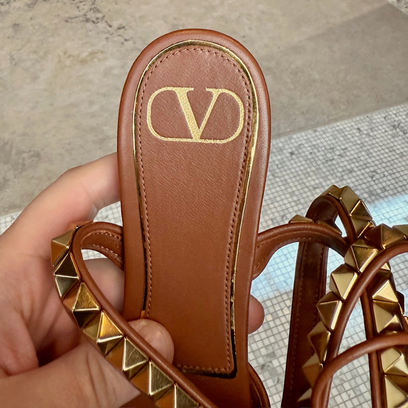 Branded insole of Valentino Brown Leather Gold Studded No Limit Gladiator Flat Sandals