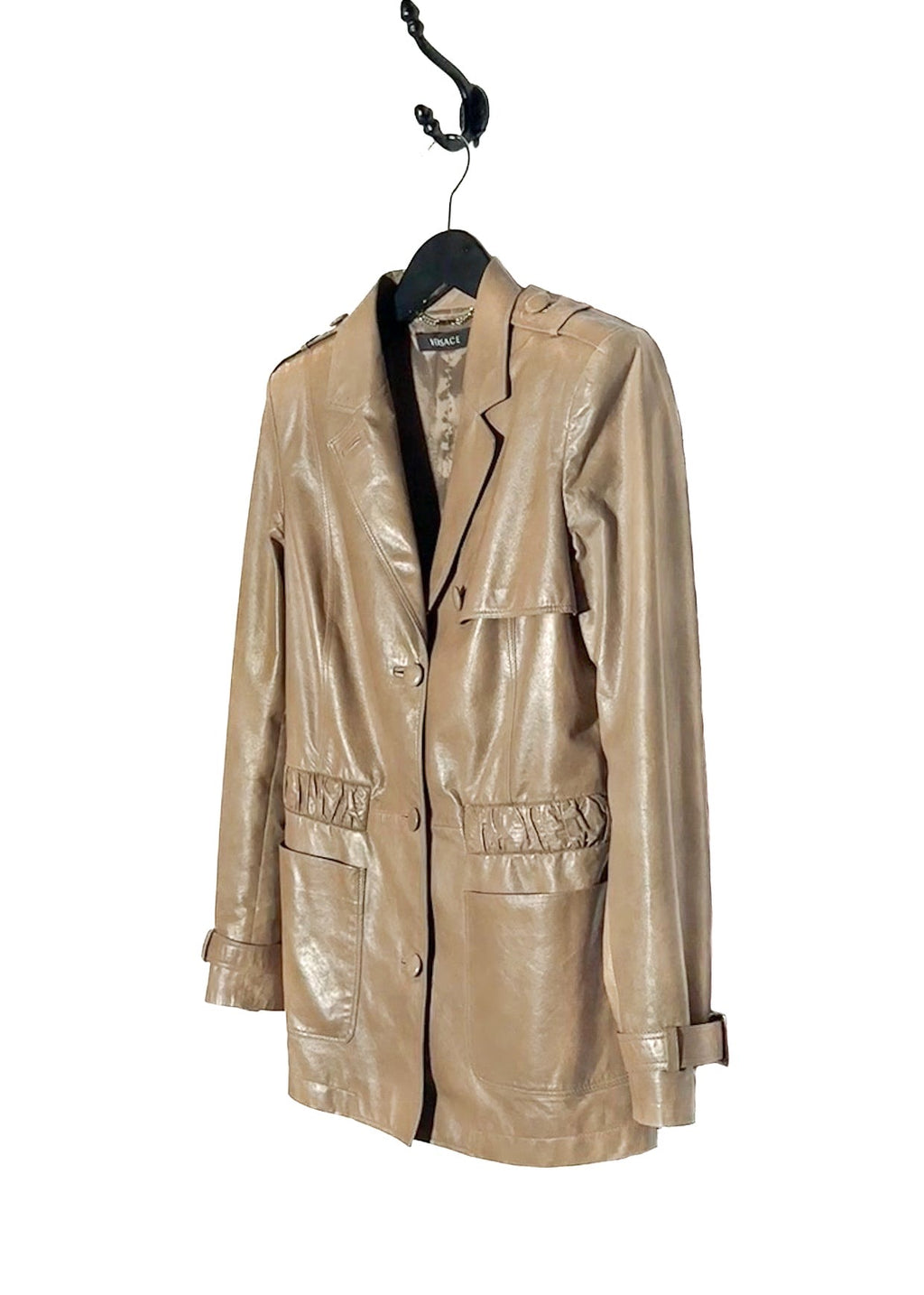 Side front view of Versace Beige Buttoned Leather Jacket