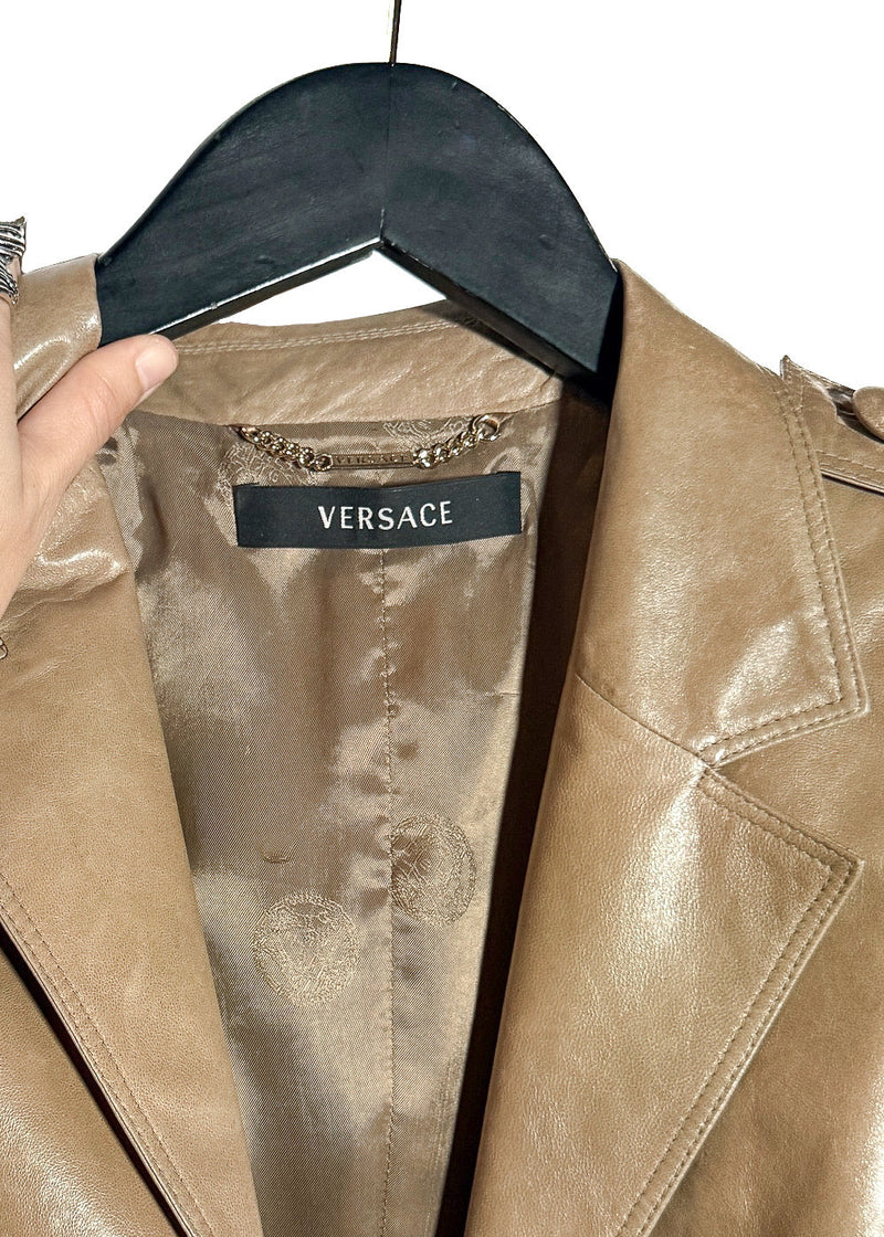 Collar area of Versace Beige Buttoned Leather Jacket