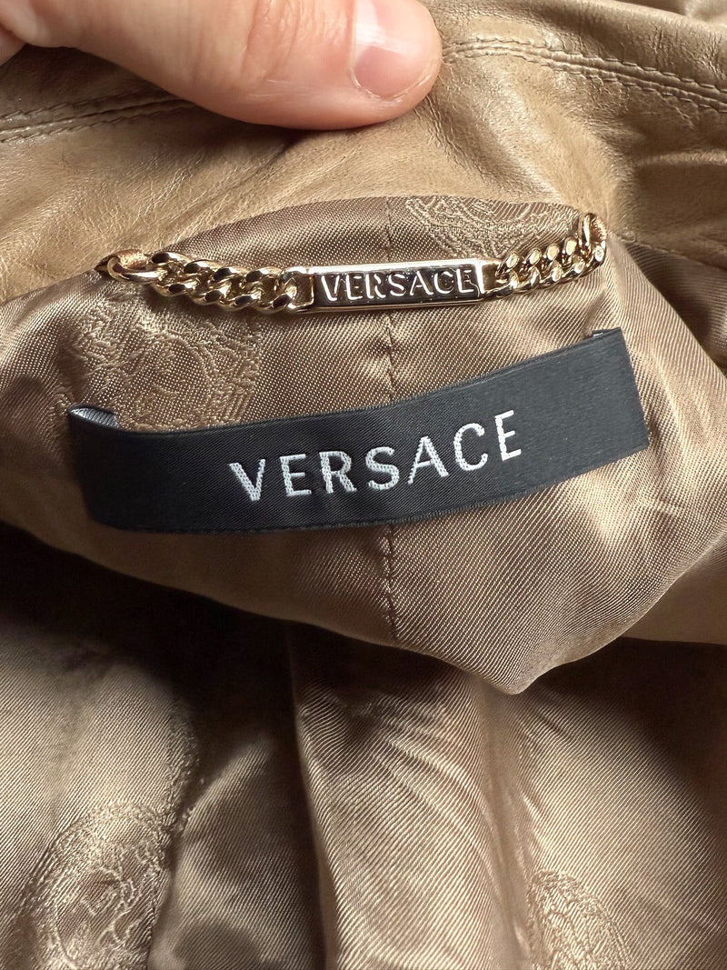 Brand detail on Versace Beige Buttoned Leather Jacket