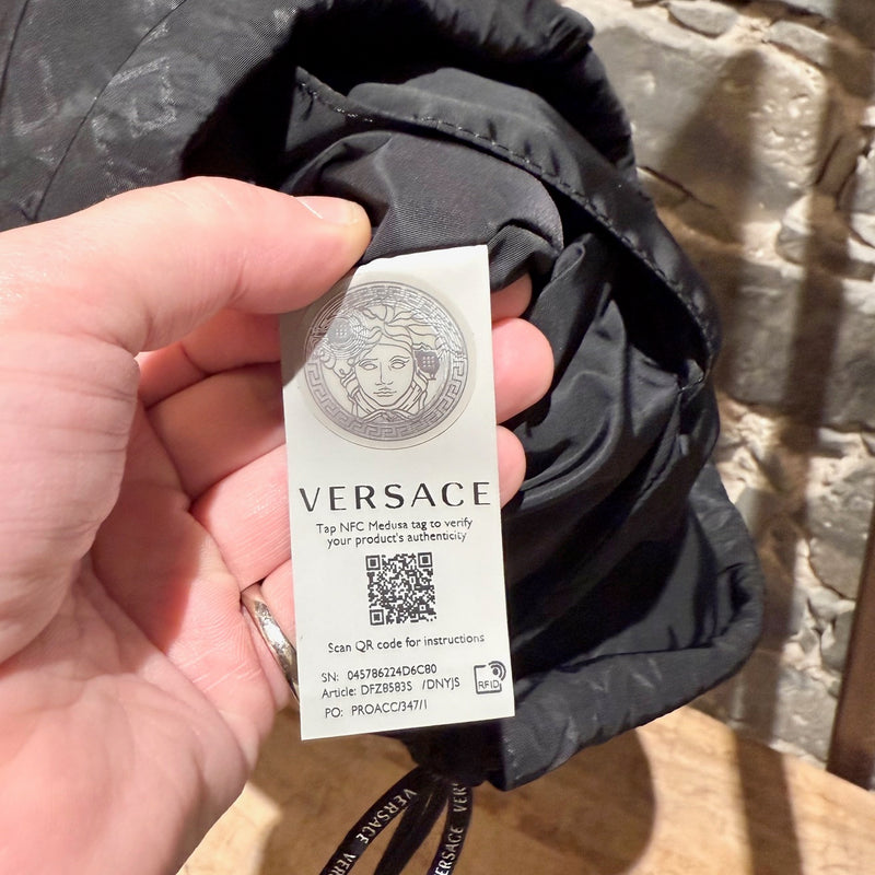 Versace Black Nylon Grecca Print Logo Rucksack Drawstring Bag