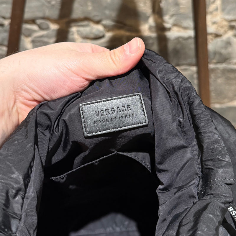 Versace Black Nylon Grecca Print Logo Rucksack Drawstring Bag