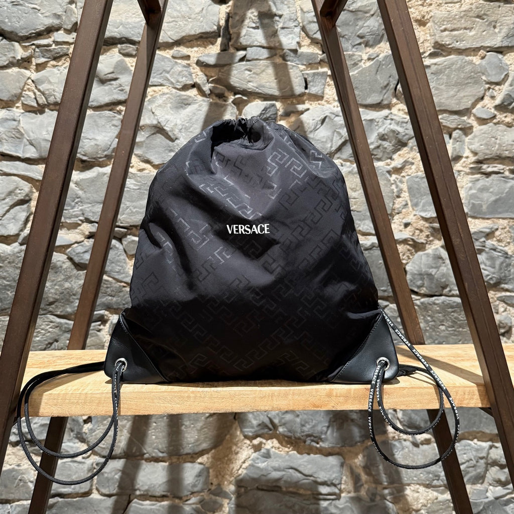 Versace Black Nylon Grecca Print Logo Rucksack Drawstring Bag
