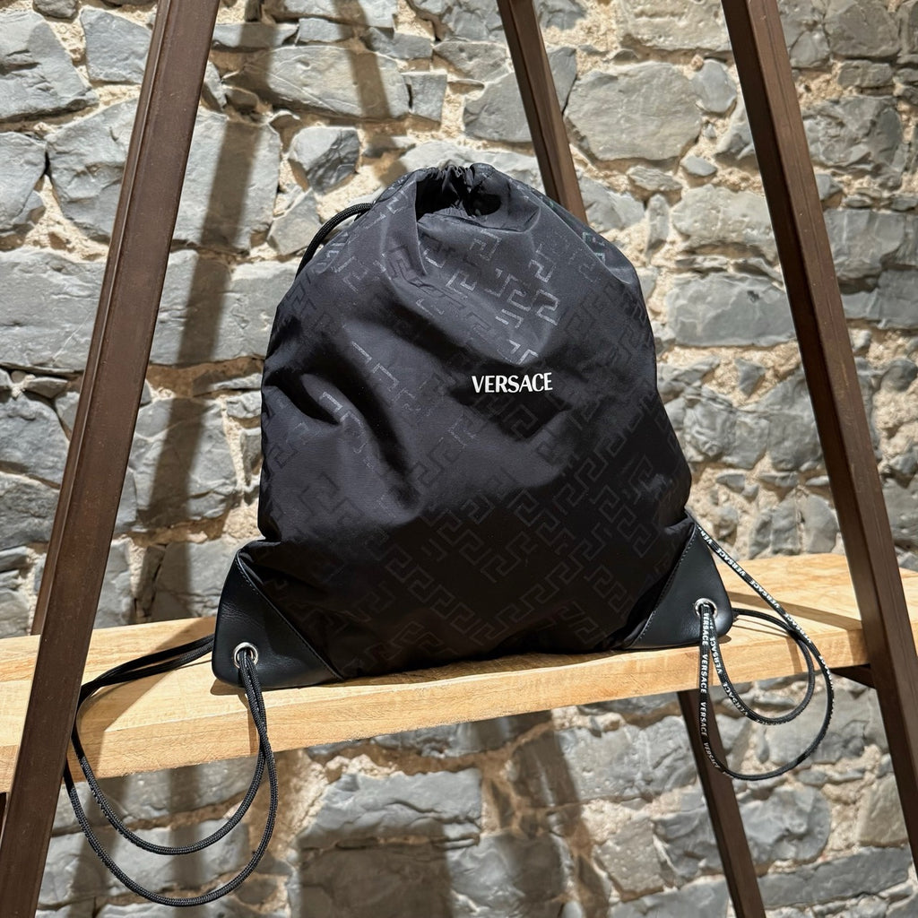Versace Black Nylon Grecca Print Logo Rucksack Drawstring Bag