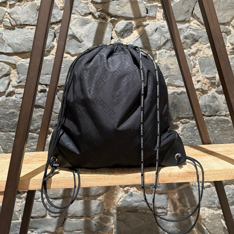 Versace Black Nylon Grecca Print Logo Rucksack Drawstring Bag