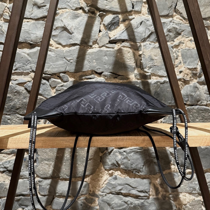 Versace Black Nylon Grecca Print Logo Rucksack Drawstring Bag