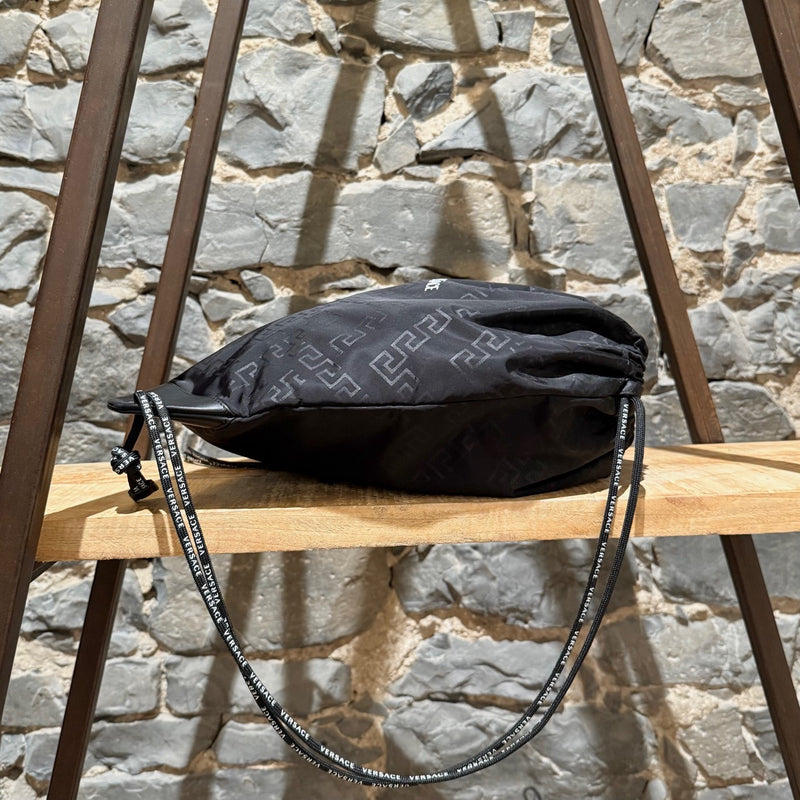 Versace Black Nylon Grecca Print Logo Rucksack Drawstring Bag