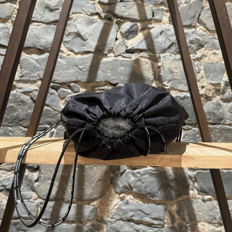 Versace Black Nylon Grecca Print Logo Rucksack Drawstring Bag