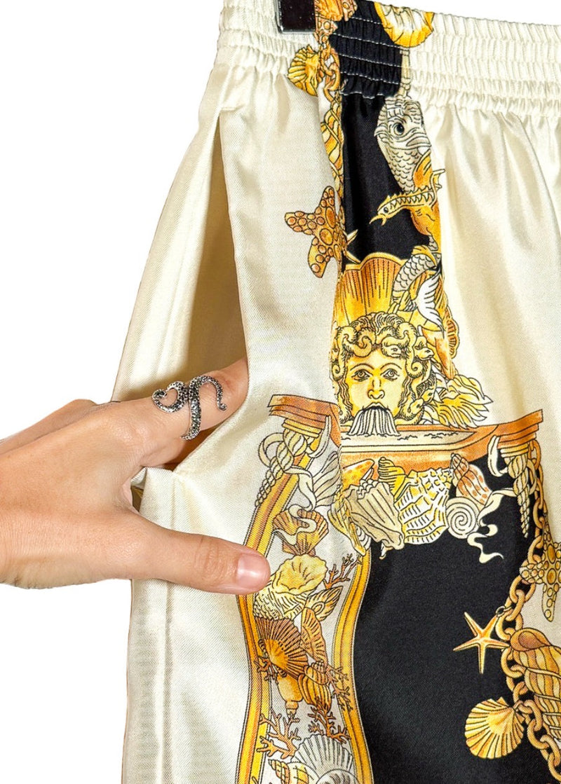 Pocket of Versace Coral Theatre Print White Gold Silk Jogger Shorts