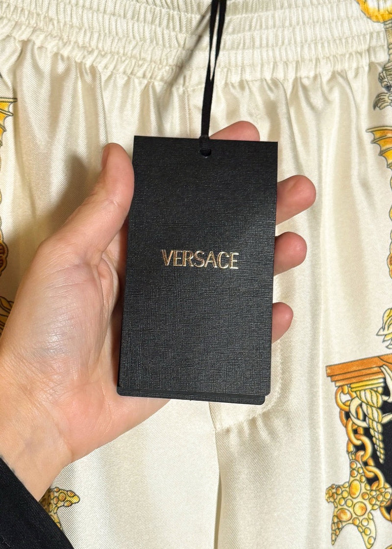 Tag of Versace Coral Theatre Print White Gold Silk Jogger Shorts