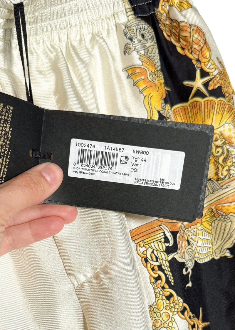 Tag of Versace Coral Theatre Print White Gold Silk Jogger Shorts