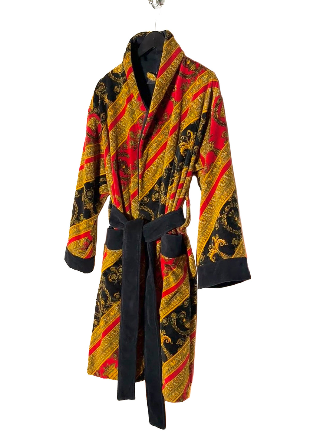 Front side of Versace Red Barocco Diagonal Stripe Print Robe