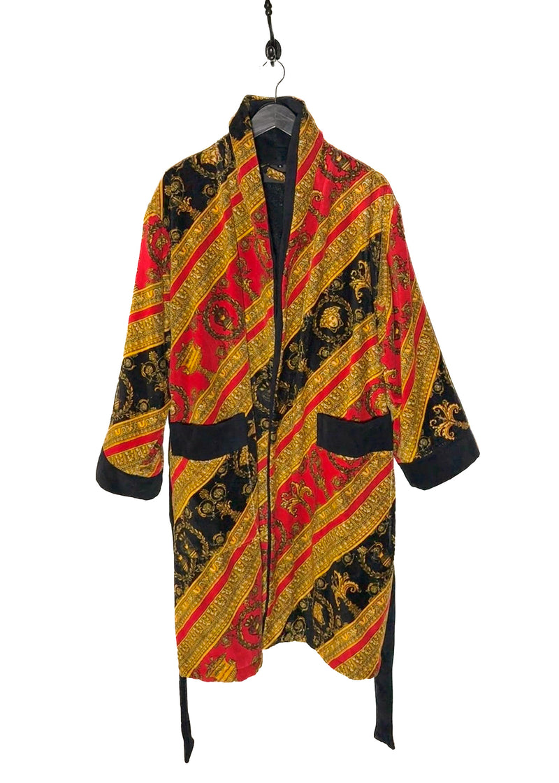 Front of Versace Red Barocco Diagonal Stripe Print Robe