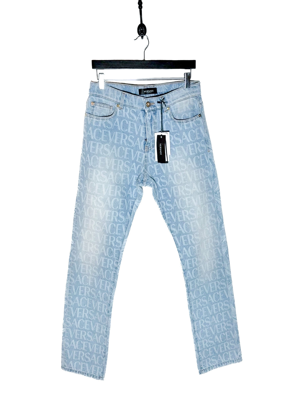 Versace Washed Light Blue All Over Logo Jeans