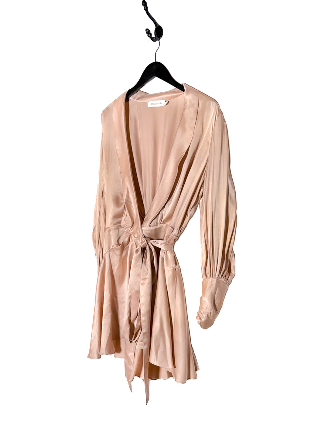 Front side of Zimmermann Dusty Pink Satin Classic Wrap Dress