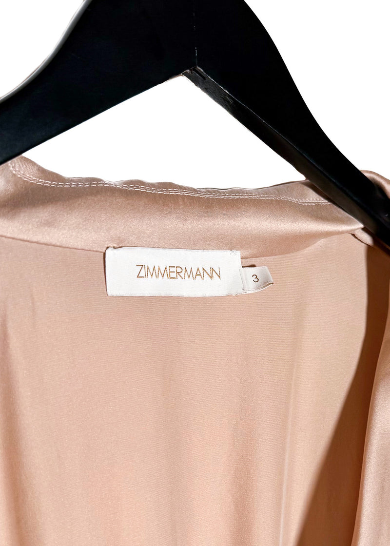 Brand and size label of Zimmermann Dusty Pink Satin Classic Wrap Dress