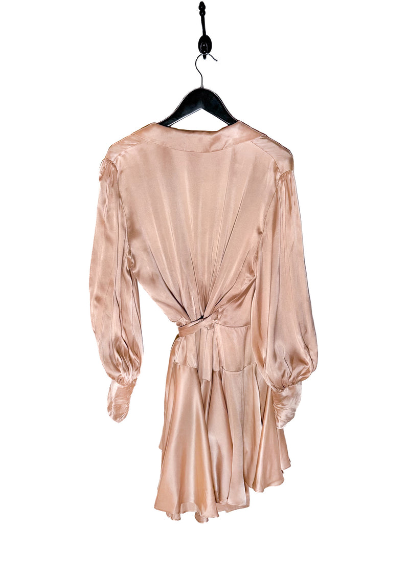 Back of Zimmermann Dusty Pink Satin Classic Wrap Dress