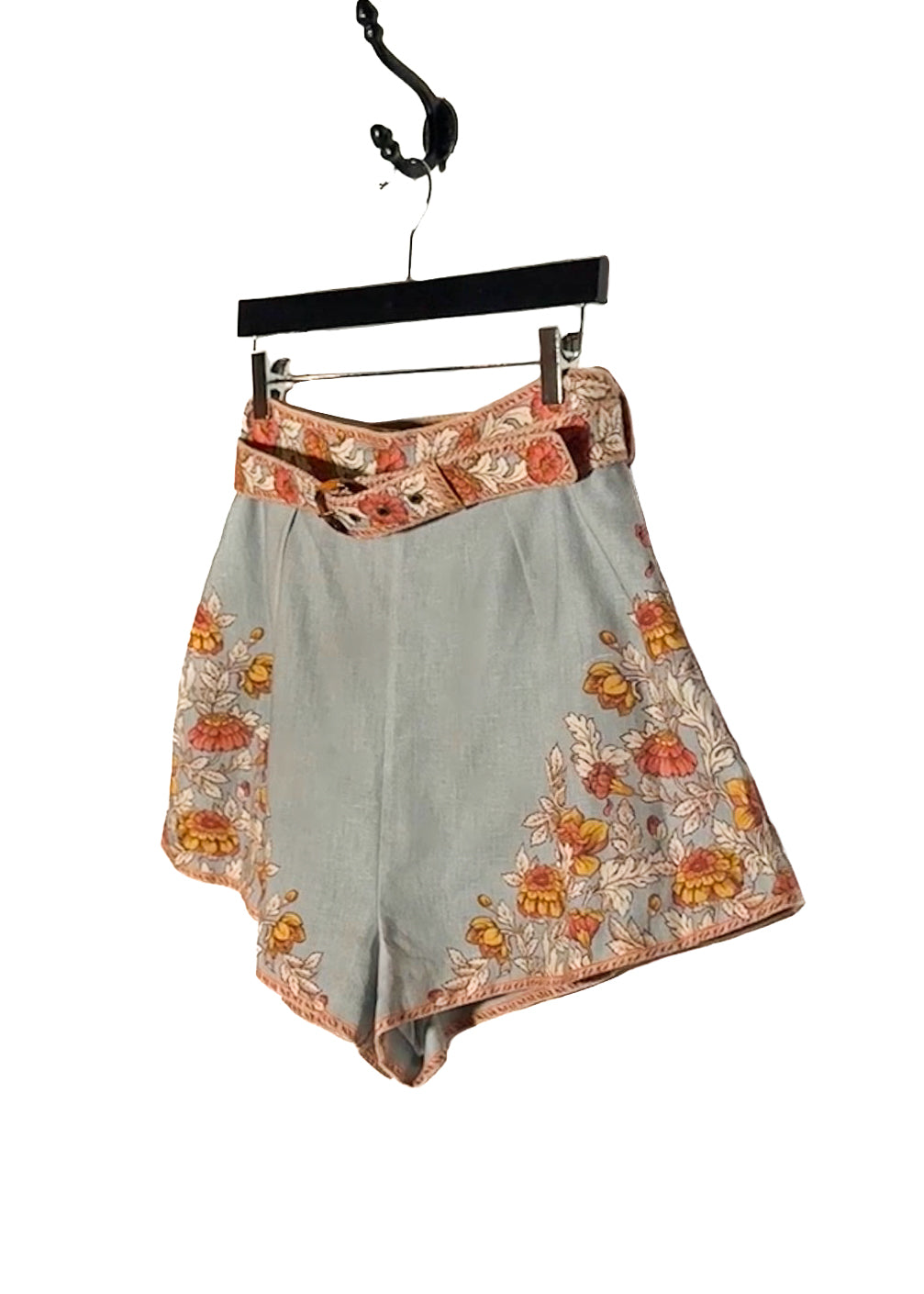 Side front view of Zimmermann Grey Floral Belted Shorts