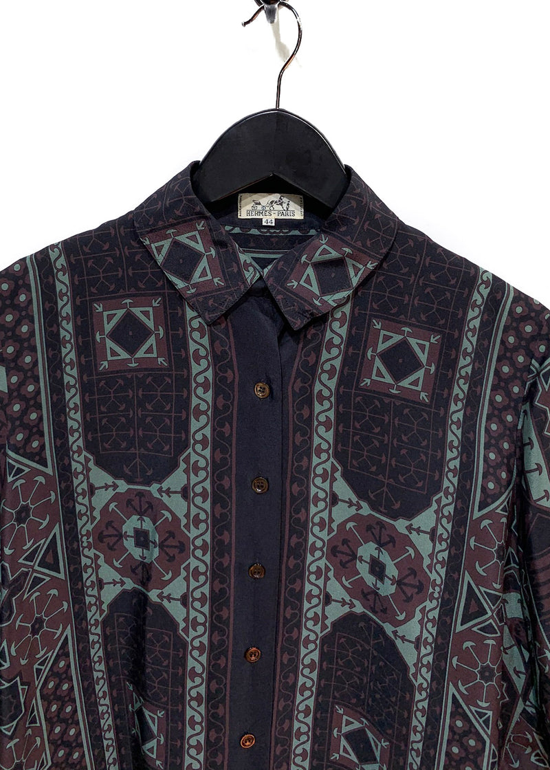 Chemise noire Hermès Vintage Arabia par Rybal en soie imprimée