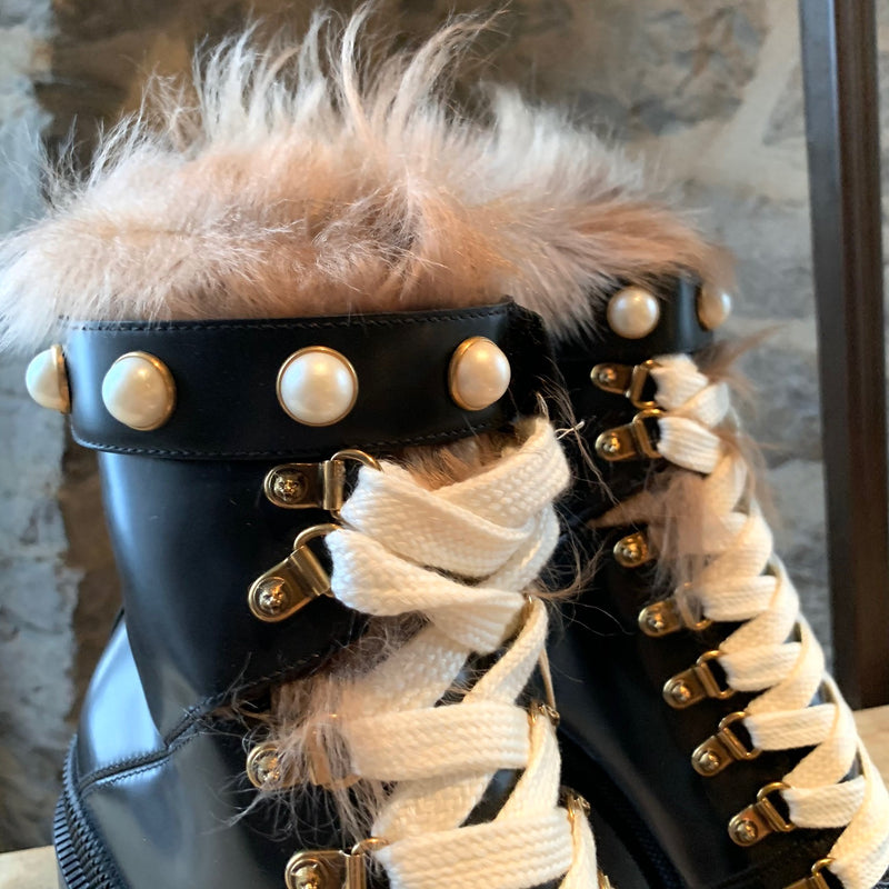 Gucci Black Leather Trip Heeled Fur Pearl Boots