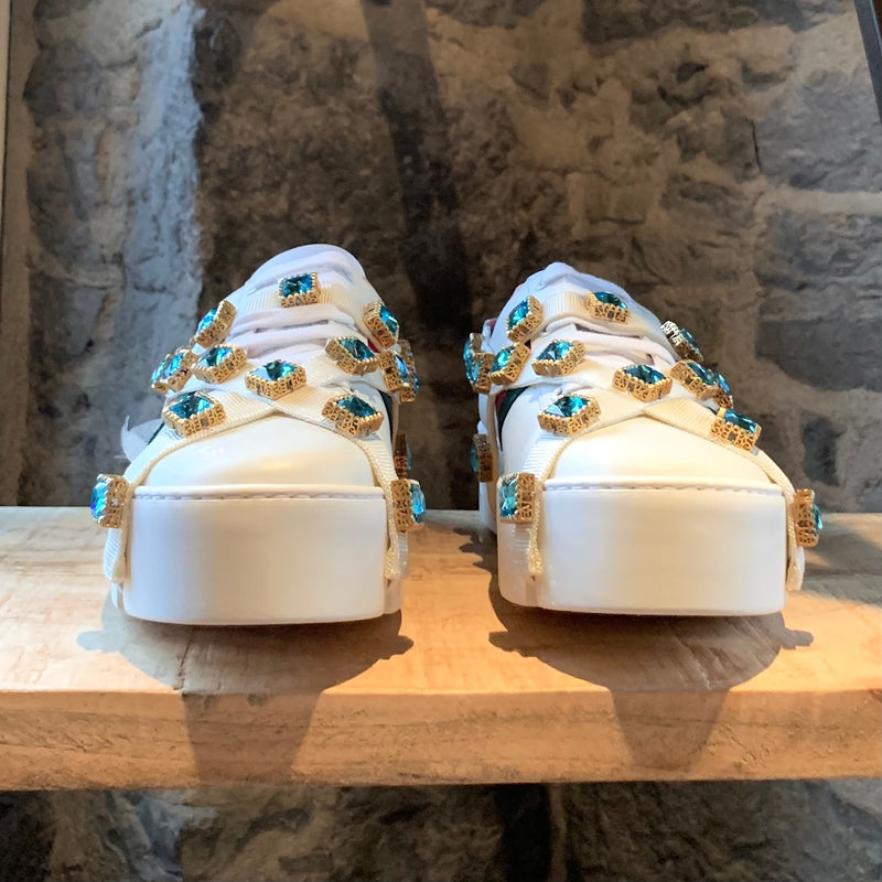 Gucci White Ace Platform Sneakers with Crystals Straps