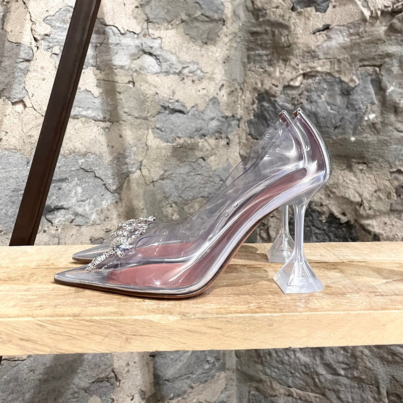 Amina Muaddi Rosie Glass Pointy Pump with Bow Accent