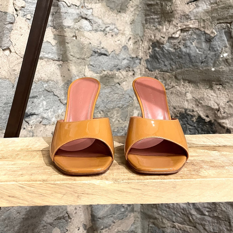 Amina Muaddi Caramel Patent Lupita Slipper Sandals