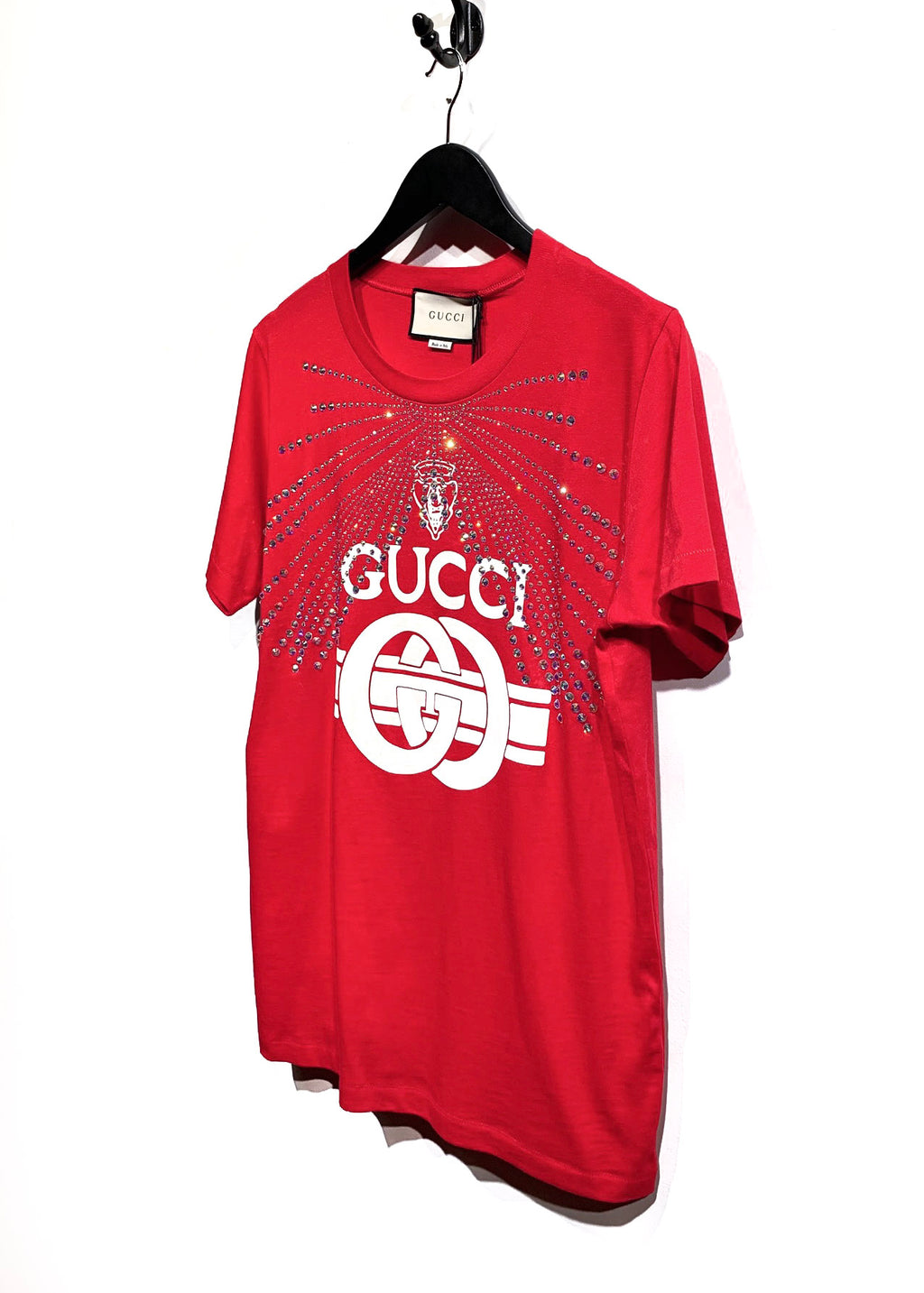T-shirt rouge à imprimé graphique et logo Gucci 2019 et cristaux Swarovski