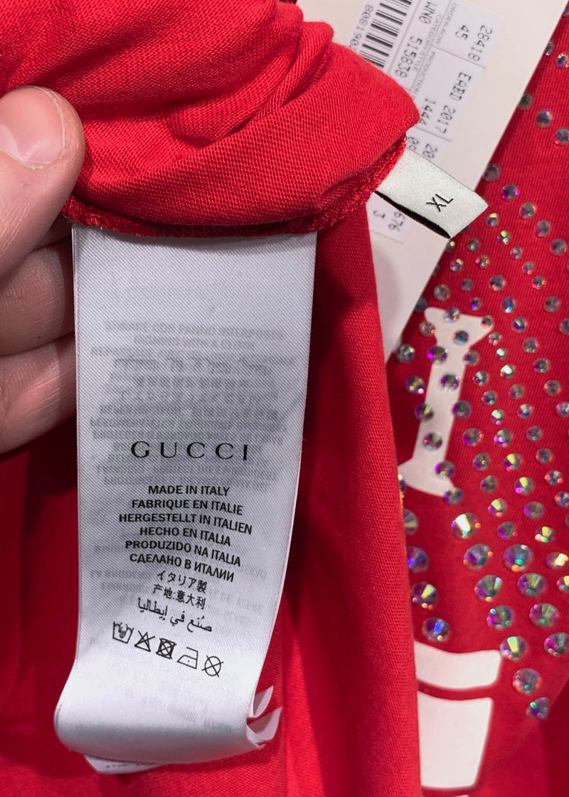 T-shirt rouge à imprimé graphique et logo Gucci 2019 et cristaux Swarovski