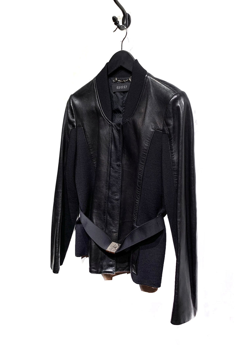 Gucci Black Leather Ribbed Insert Belted Jacket