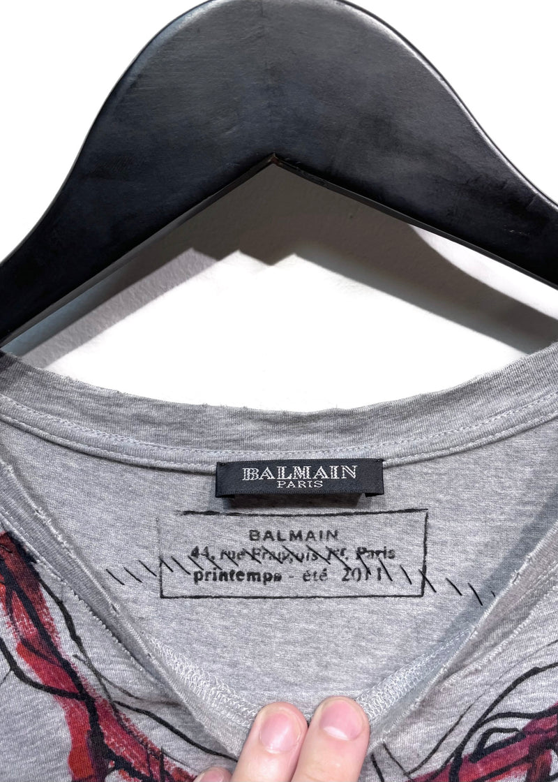 T-shirt en patchwork à écusson imprimé gris Balmain SS11