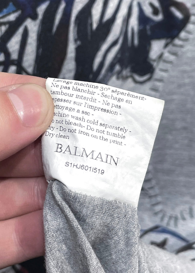 T-shirt en patchwork à écusson imprimé gris Balmain SS11