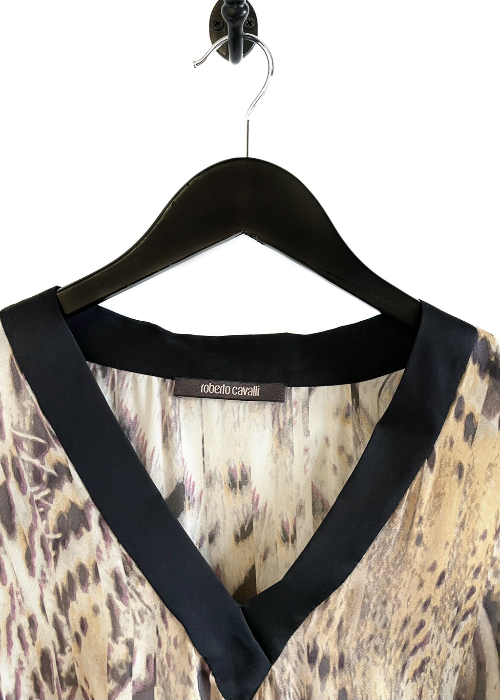 Roberto Cavalli Animal Print Silk V-neck Belted Top
