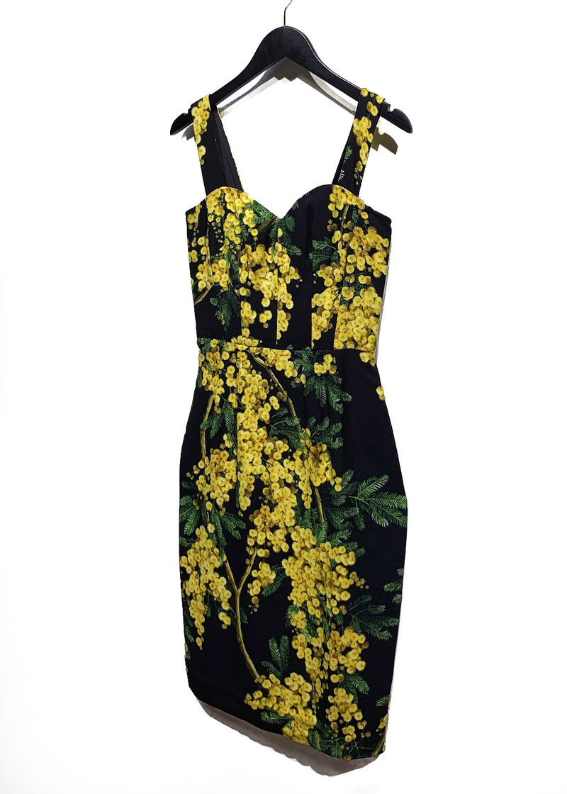 Dolce & Gabbana Black and Yellow Floral Prints Bustier Dress